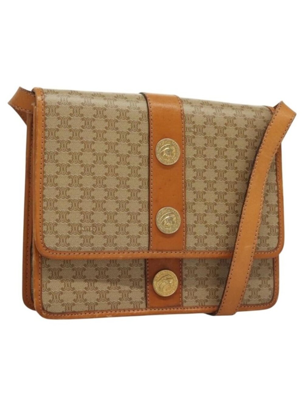 Authentic CELINE Macadam Canvas Shoulder Bag PVC Beige Gold